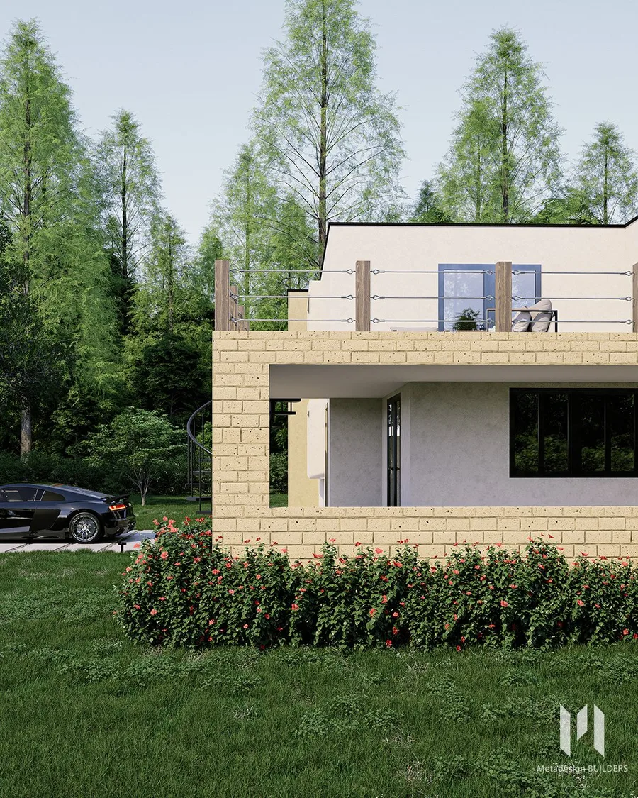 Photorealistic close-up render of a breeze-block screen wall and balcony, bordered by a flowering hedge.